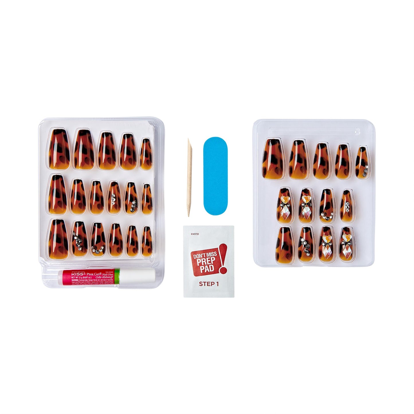 GoldFinger Premium Luxury False Nails Kit, Ready to Wear Leopard Nails, Manicure Stick and Glue Included, Long Coffin Shape with 3D Rhinestones, Long-Lasting Hottest Trend Glue on Nails