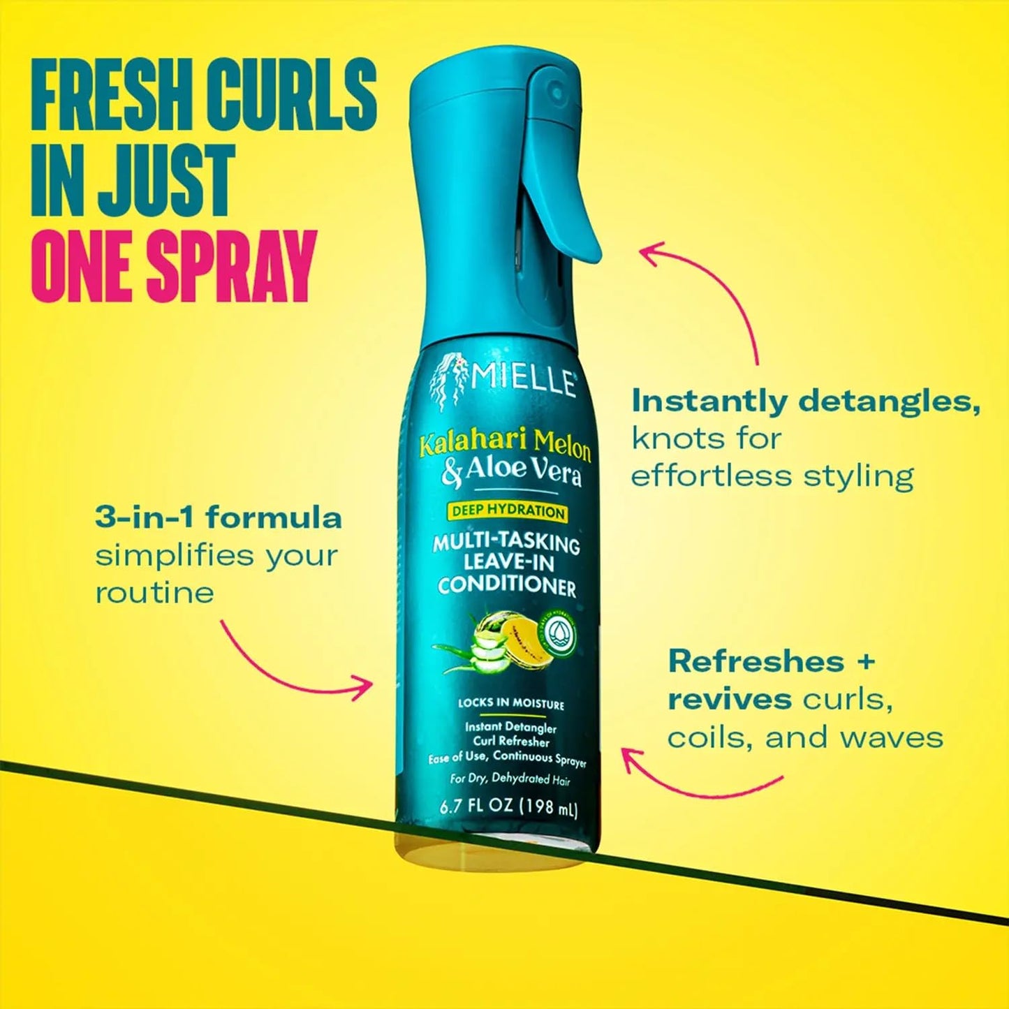 Mielle Organics Kalahari Melon & Aloe Vera Multi-Tasking Leave In Conditioner Spray - 3-in-1 Hair Detangler Spray, Curl Refresher & Moisturizer for Dry, Curly & Textured Hair, 6.7 Ounce