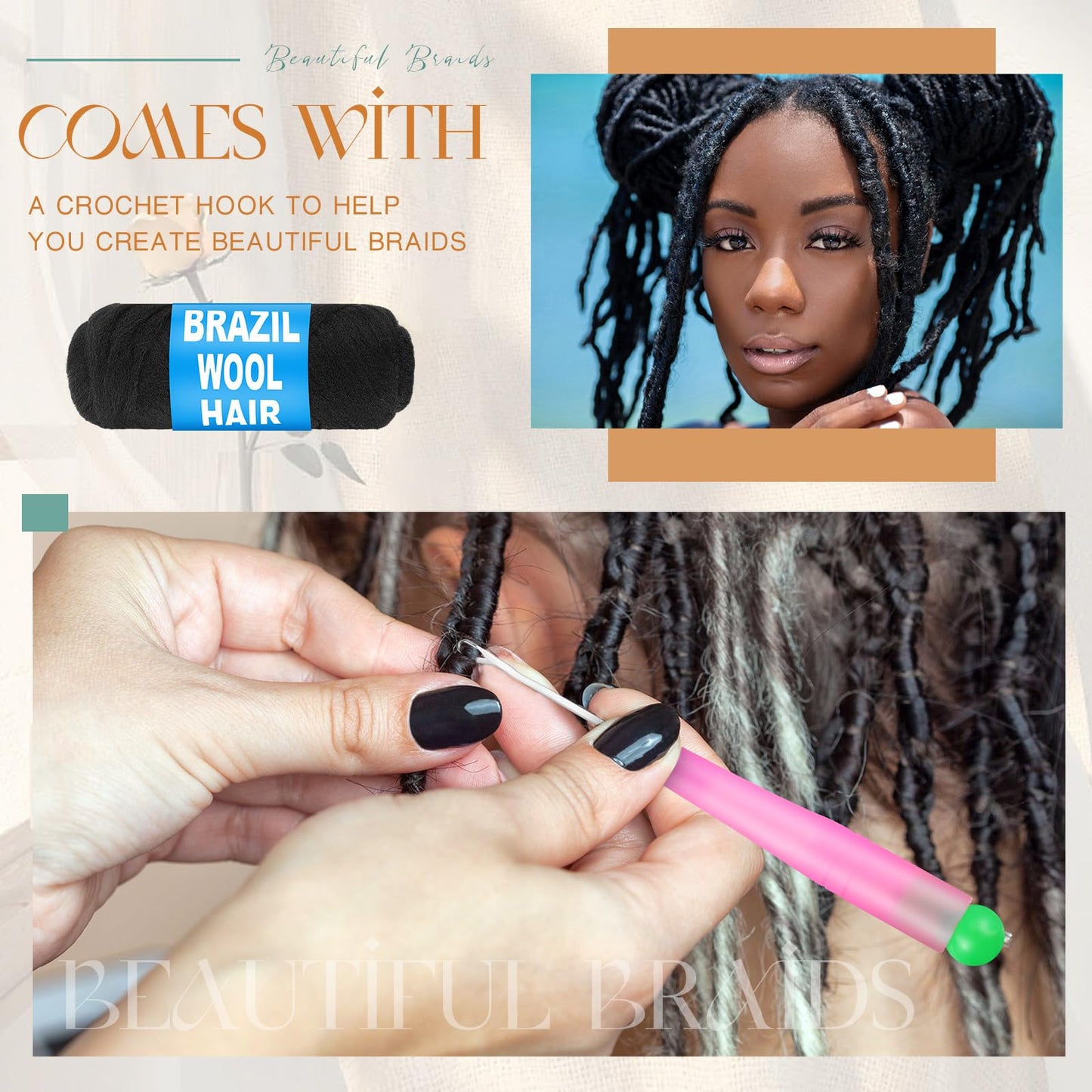 Knitgrip 16 Roll Natural Black Brazilian Wool Hair Acrylic Yarn for African Crochet Braiding Hair Senegalese Twisting Knitting Hair Braids Jumbo Braids Faux Locs Spiral Braids