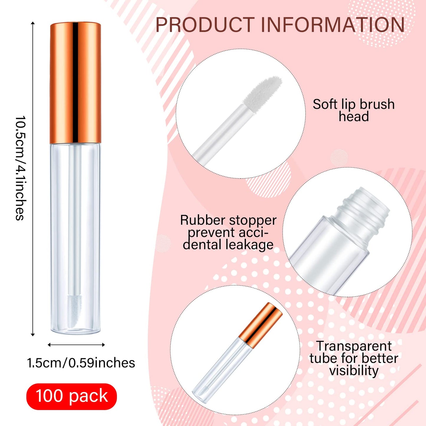Nuanchu 100 Pcs 10 ml Lip Gloss Tubes Bulk Empty Plastic Lip Gloss Containers Clear Tubes Refillable Balm with Wand and Rubber Inserts Containers Bottles for DIY Makeup Travel (Rose Gold)