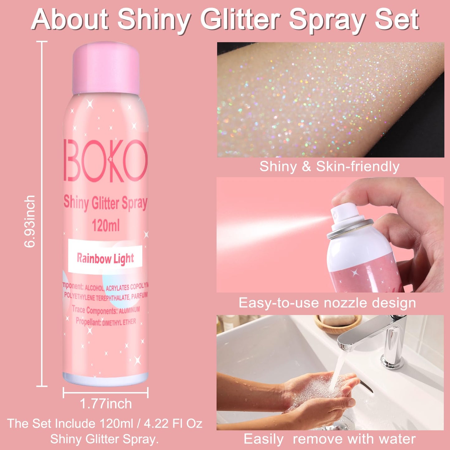 Boko Body Glitter Spray, 120ML Holographic Silver Shiny Glitter Spray for Body Hair Clothes, Quick-Drying and Long-Lasting Body Shiny Glitter Hairspray for Festival Party Concert Rave Accessories