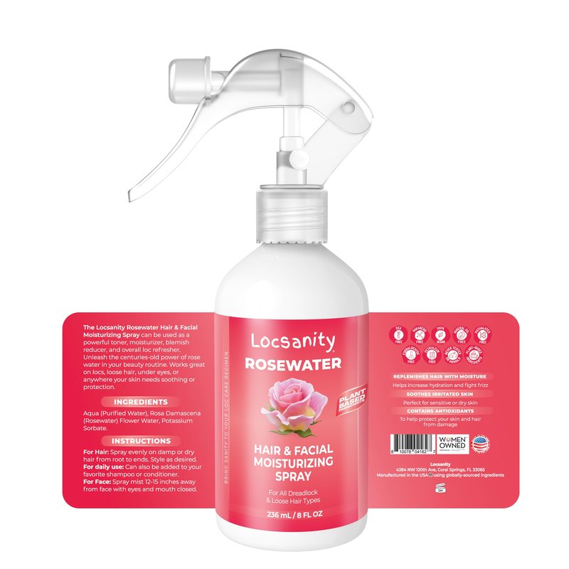 Locsanity Pure Rosewater Hair and Facial Spray – Regular Size Hydrating Face Mist to Soothe, Refresh, and Rejuvenate Skin, Reduce Oil and Buildup (8oz)