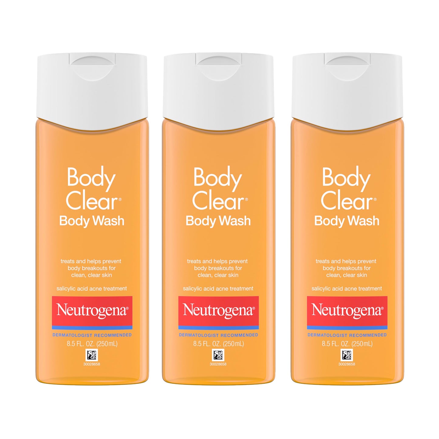 Neutrogena Body Clear Acne Body Wash, 2% Salicylic Acid Acne Medication, Oil-Free & Glycerin for Breakouts on Back, Chest & Shoulders, Non-Comedogenic, Gentle on Skin, Unscented, 8.5 Fl Oz, 3 Pack