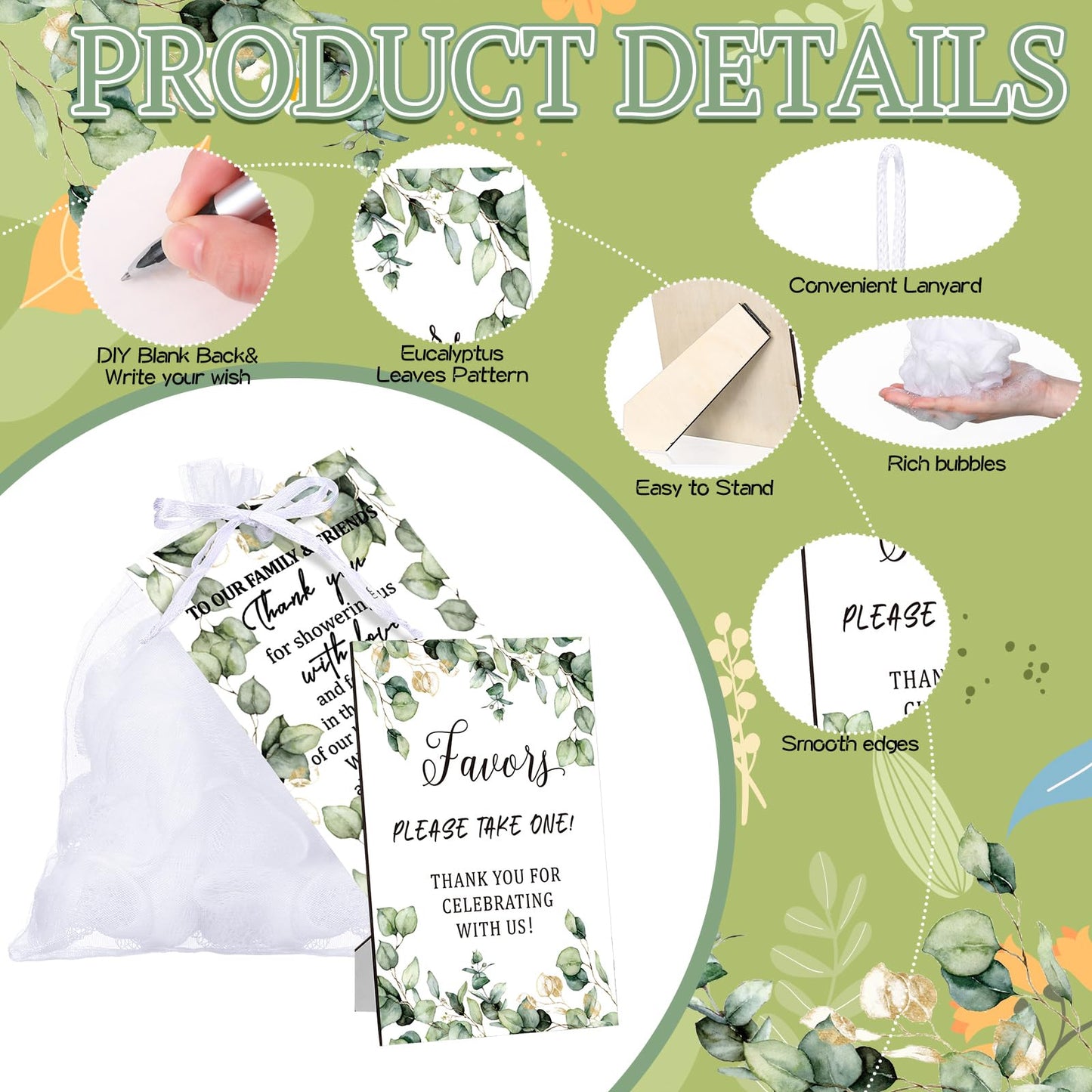 Anglechic 50 Sets Baby Shower Favors for Guests Include 50 Pcs Bath Sponge Loofahs 50 Pcs Thank You Cards 50 Pcs White Organza Bags 1 Wooden Sign for Baptism Baby Shower Gender Reveal Birthday