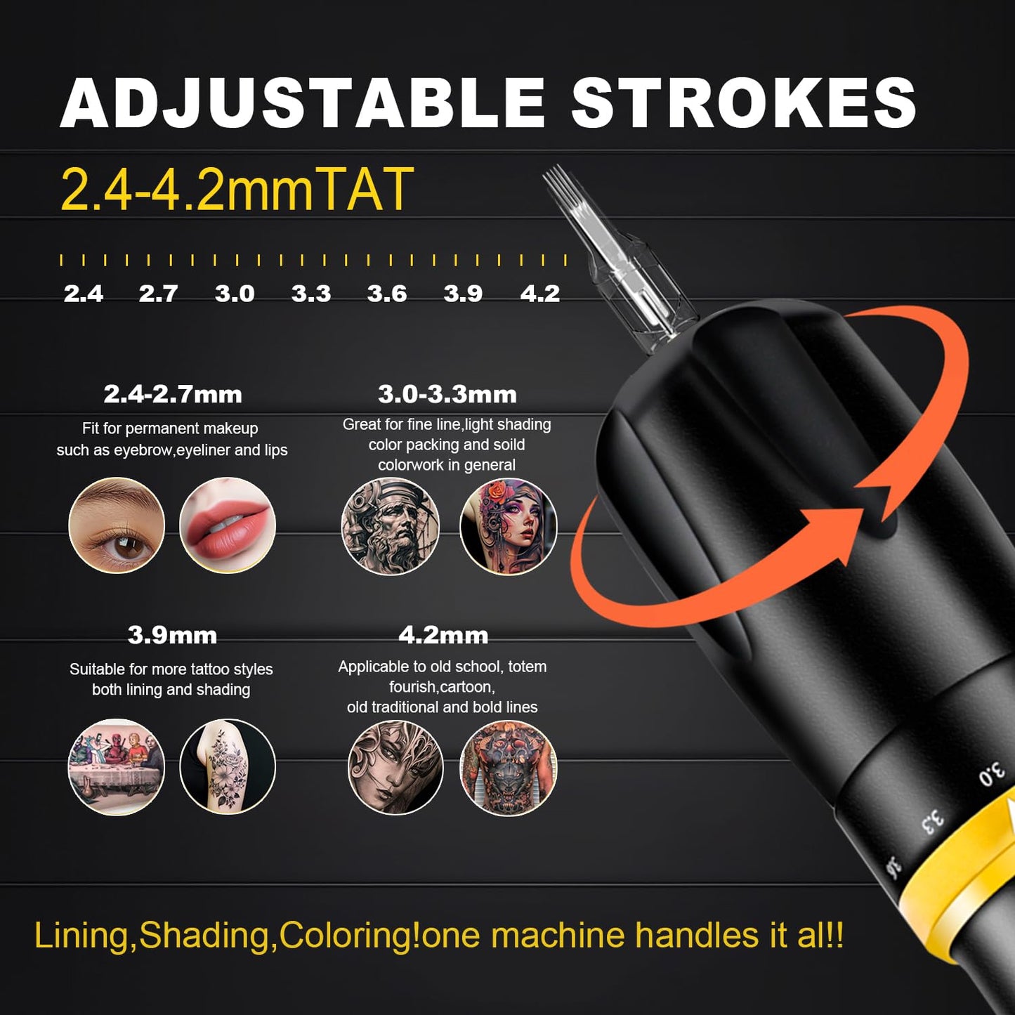 KVM Tattoo Pen Kit,Shorter Body Design,Wireless Tattoo Machine,7 Adjustable Stroke Options,Shorter Body Design,1500mAh Power Supply,Suitable for Professional Tattoo Artists and Tattoo Enthusiasts