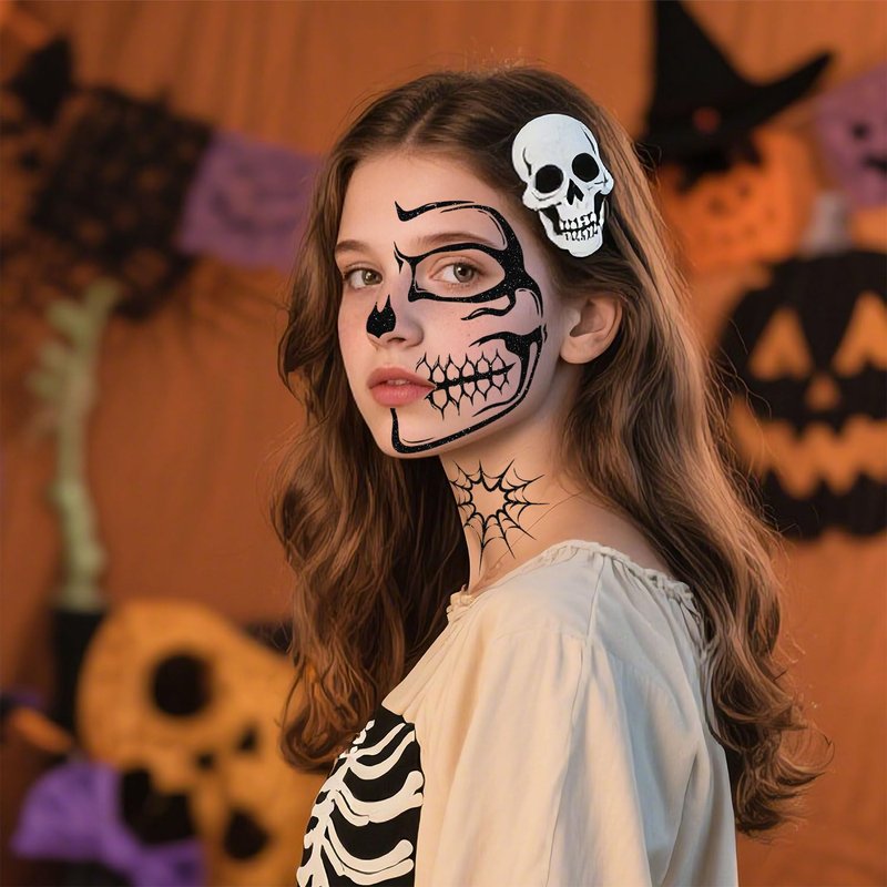 Halloween Face Tattoos Temporary Black Tattoo for Men and Women, Adult, Skeleton Mouth Tattoo Spider Web Face Sticker, Horror Zombie Witch Makeup Kit, Scary Halloween Face Decals 5 Sheets