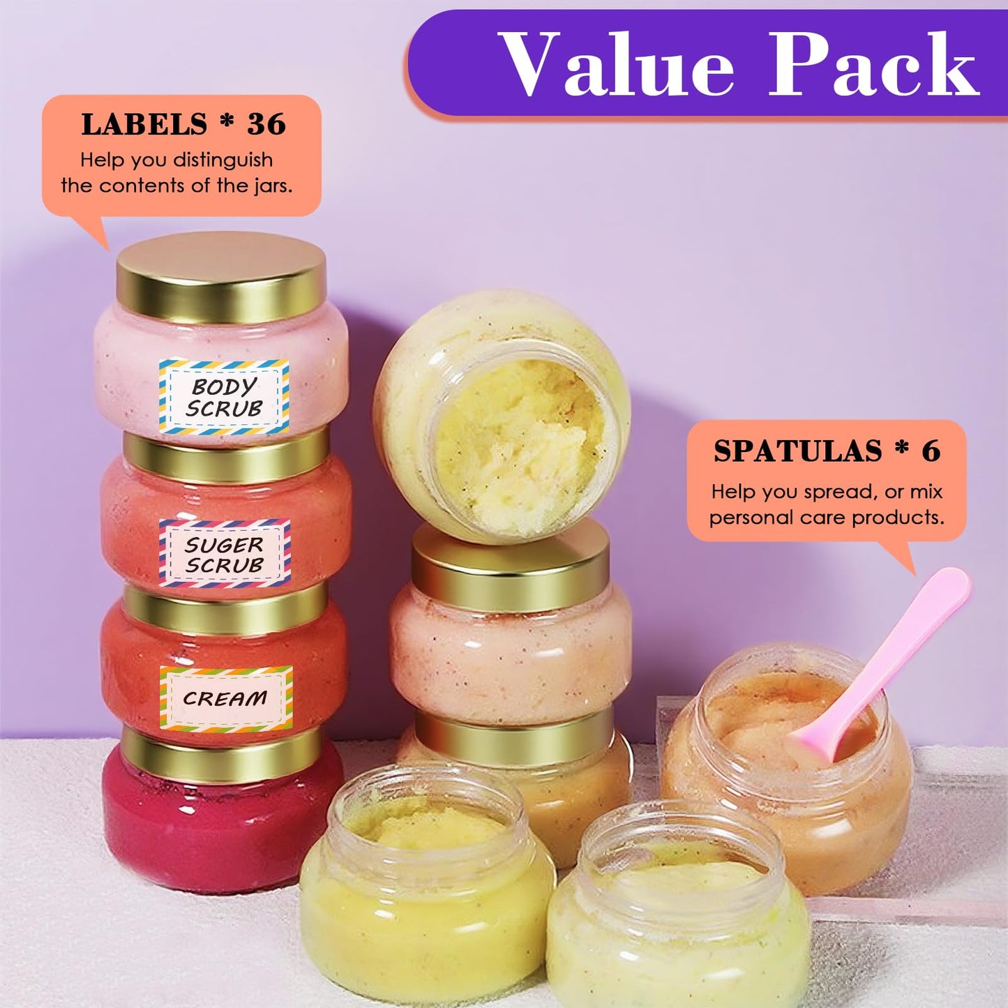 36 Pack 8 oz Plastic Cosmetic Containers With Lids Refillable Clear Empty Travle Jars Containers for Body Butter,Sugar Scrubs,Cream,Lotions,Candy, Waterproof Label&Spatulas - (White Lid)