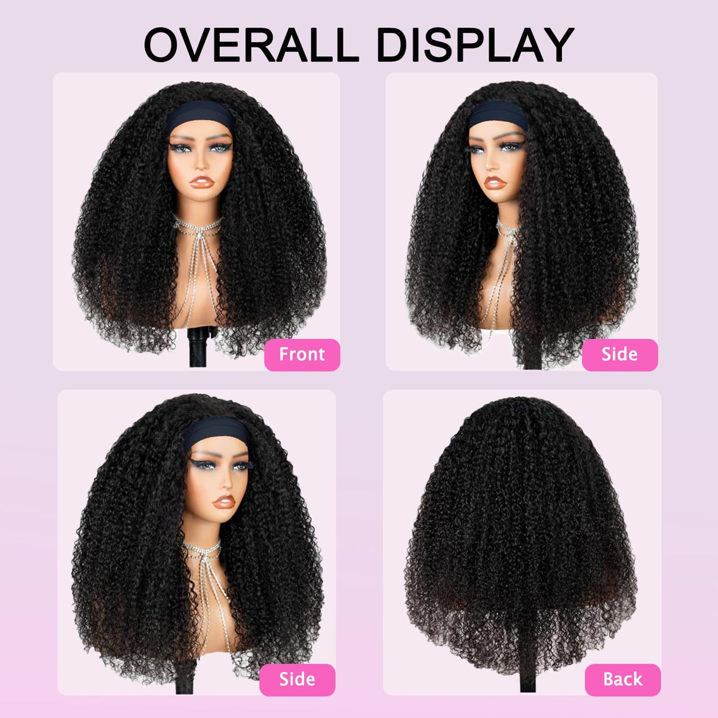 CUUYUN Kinky Curly Headband Wig Human Hair Curly Headband Wigs for Black Women 12 Inch None Lace Front Wigs Machine Made Wigs Glueless Brazilian Curly Human Hair Wig