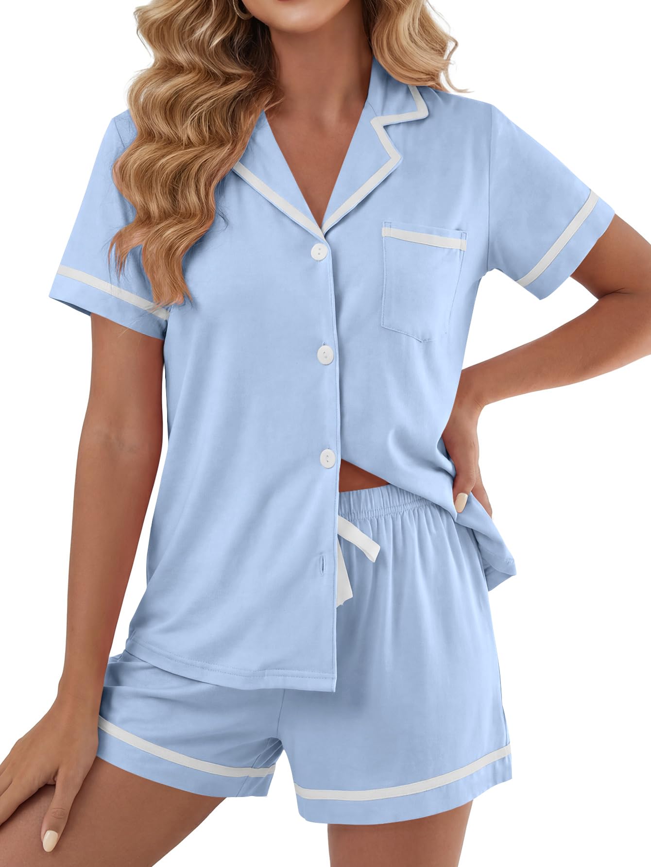 LYANER Women's Cotton Pajamas Set Button Short Sleeve Shirt with Shorts Set PJs Loungewear Blue X-Small