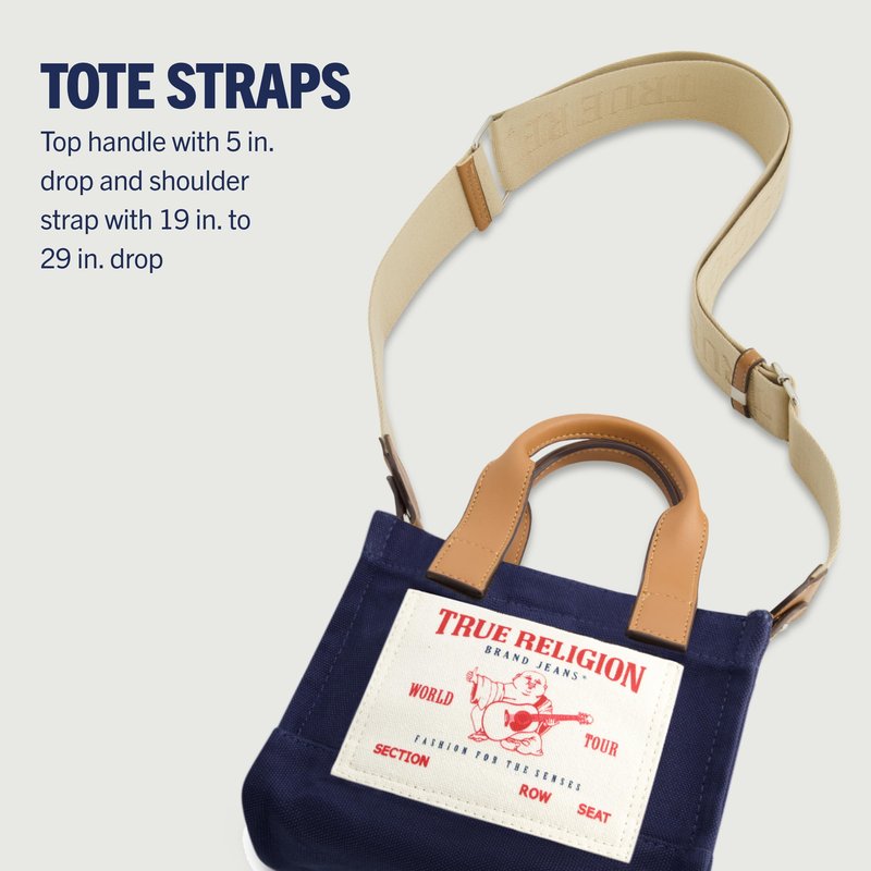 True Religion Tote Bag for Women | Navy | Mini Canvas Tote with Adjustable Straps | Women's Travel Purse | Work Bag or Beach Bag for Women