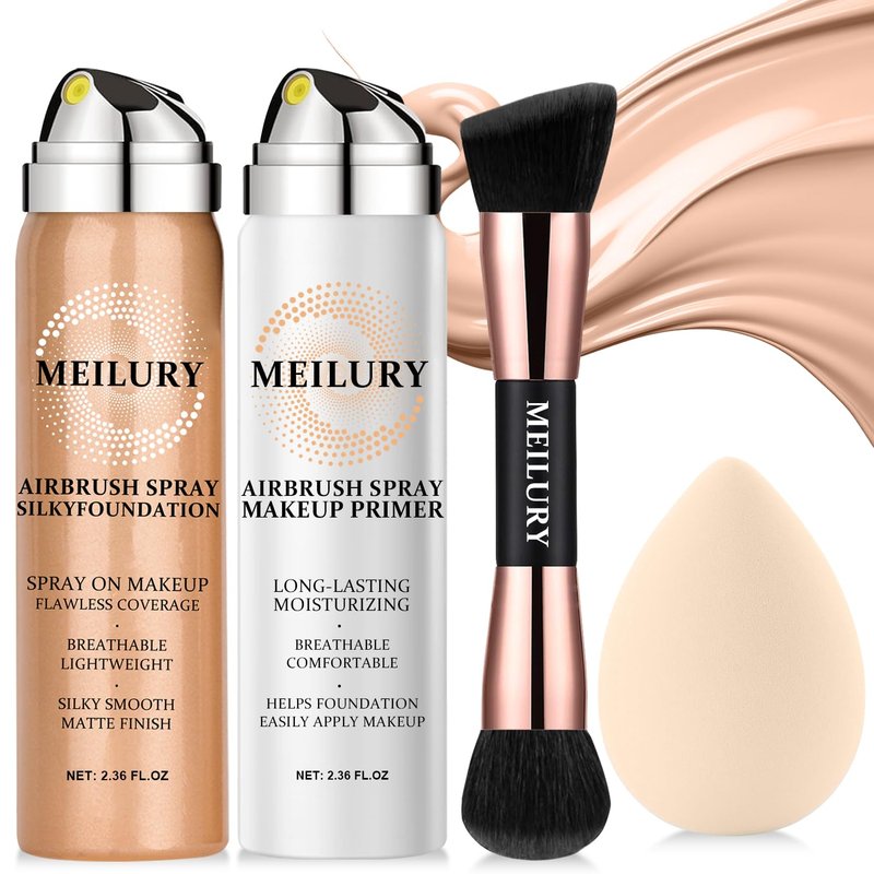 AirBrush Foundation Spray Set - Longwear Waterproof Liquid Matte Foundation Mist | Hydrating Face Primer Kit (01 Natural)