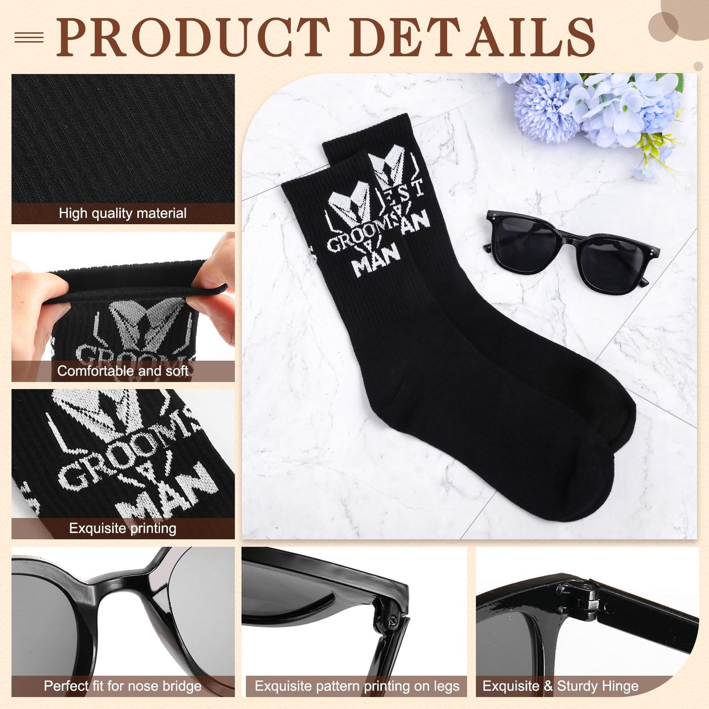 SilTriangle 18 Pcs Wedding Groomsmen Gifts Set Include Pcs Men Toiletry Bags Pairs Cotton Groomsmen Socks Pairs of Sunglasses for Wedding Proposal Gifts Bachelor Party Travel Kit(Brown)