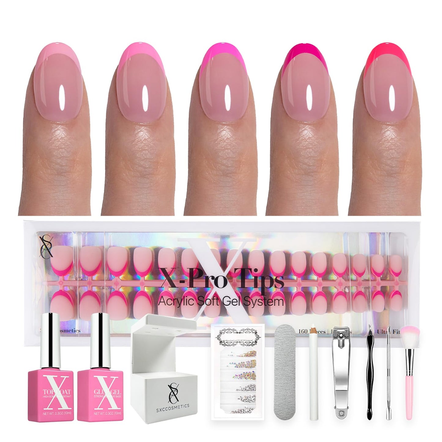SXC Cosmetics X-Pro Tips French Tip Press on Nails – French Pink Edition (PINK118KIT-XS Almond)