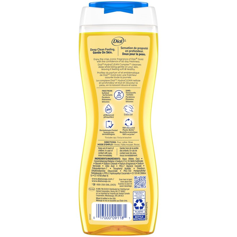 Dial Body Wash, Hydraclean Complex & Vitamin E, Gentle, Leaves Skin Feeling Nourished, Dermatologist-Tested, No Parabens & Sulfates, Advanced Clean, Gold, 16 Fl Oz, (Pack of 4)
