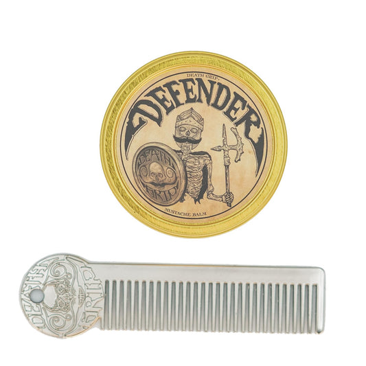 Defender Mens Grooming Set for Mustaches | Defender Mustache Balm 1oz and Platinum Comb Set