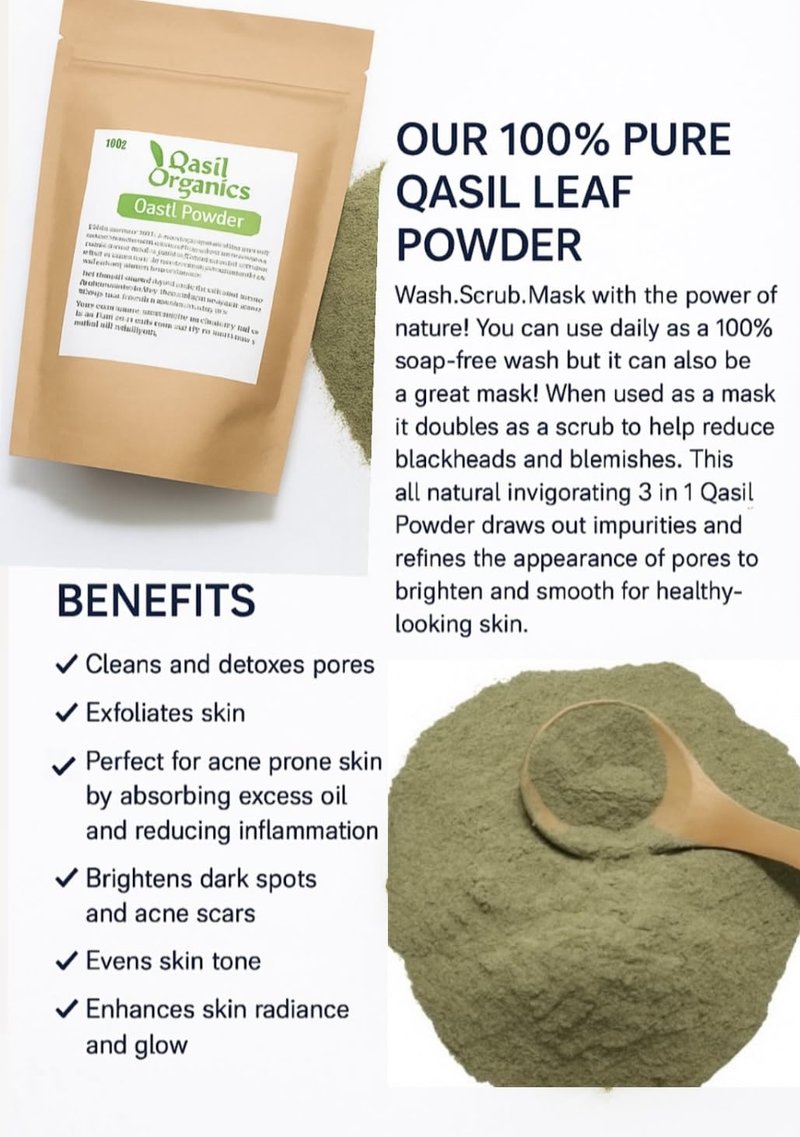 Qasil Organics – 100% Pure Qasil Leaf Powder – Deep Pore Cleansing Facial & Body Mask– Clears Blemishes, Blackheads and Clogged Pores for Clear Skin - 3.5 oz