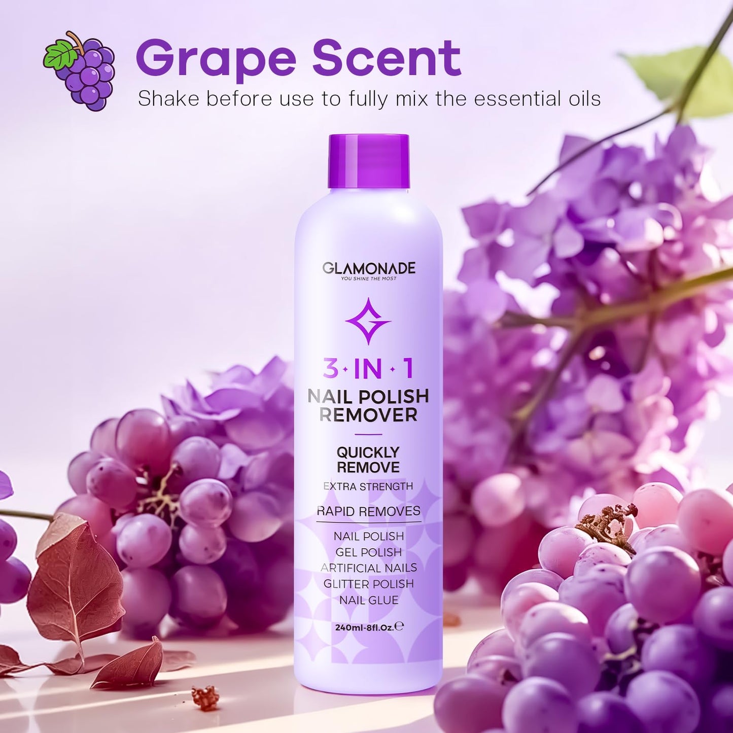 Glamonade Acetone Nail Polish Remover: Professional Gel Polish Remover for Nails - Gel Nail Polish Remover for Removal of Gel/Glue/Artificial nail - with Grape Seed Oil for Gentle Removal(8 Fl Oz)