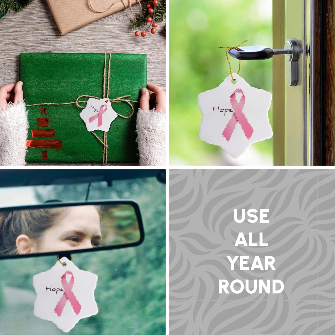3dRose orn_42618_1 Painted Pink Ribbon Hope Art Breast Cancer Awareness Snowflake Decorative Hanging Ornament, Porcelain, 3-Inch