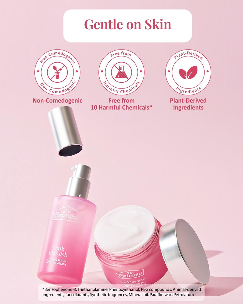 DR. BELMEUR Pink Blemish Calming Serum (1.7fl oz) - Hydrating, Soothing Korean Skin Care for Sensitive Skin. Vegan Hyaluronic Acid, Niacinamide.