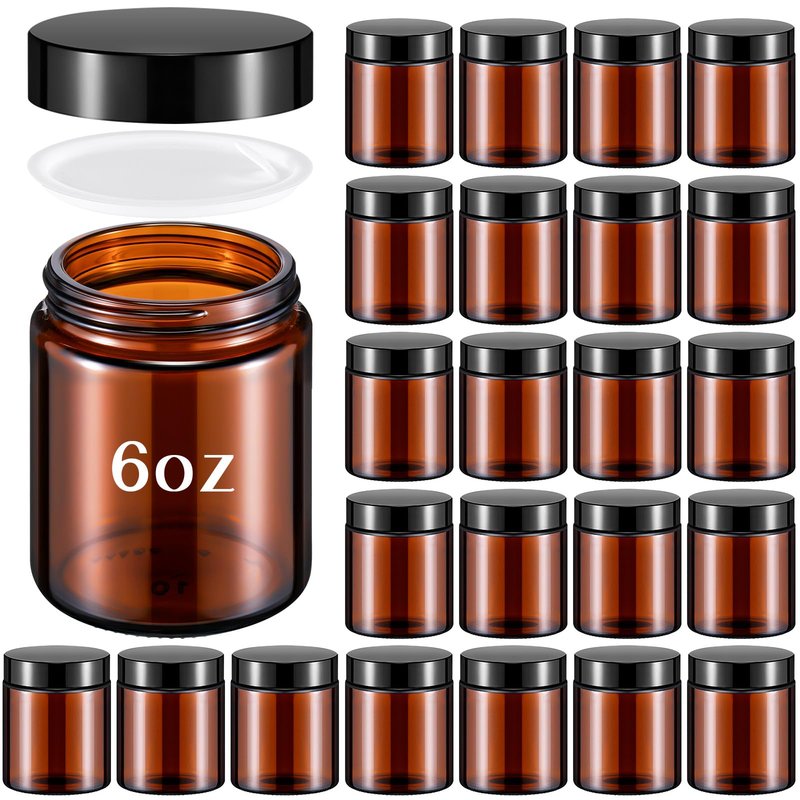 Domensi 24 Pcs Bulk 6oz Glass Jars with Lids Leakproof Round Airtight Empty Cosmetic Jars with Inner Liners Lid for Storing Lotions Spices Ointments Food Storage (Amber)