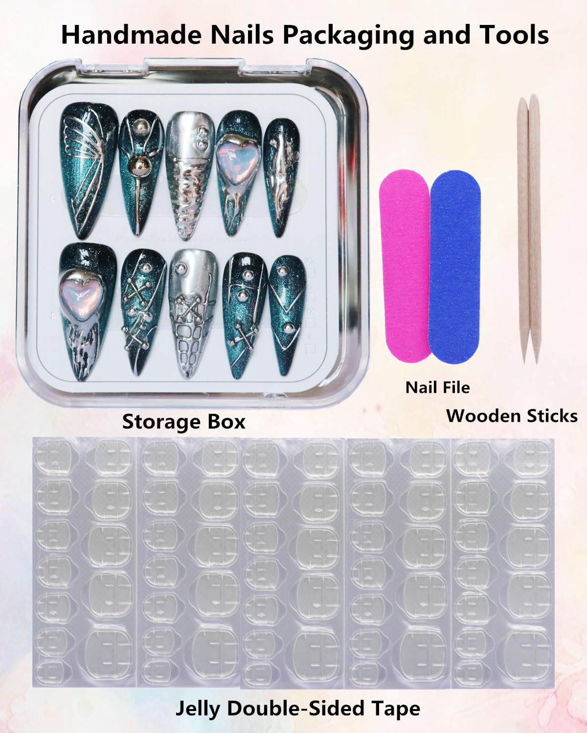 CAMILCY Luxury Handmade Press On Nails Gothic Teal Stiletto Silver Blue Gothic 3D Metal Heart HandPainted Reusable Artificial Salon QualityFalse Nails for Women 10pcs (A46, S)