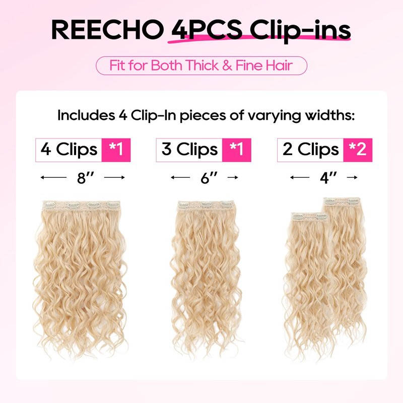 REECHO Curly Clip in Hair Extensions, 4PCS 24 inch Long Hair Extensions Clip ins Lace Weft Natural Hairpieces for Women Daily, Strawberry Blonde