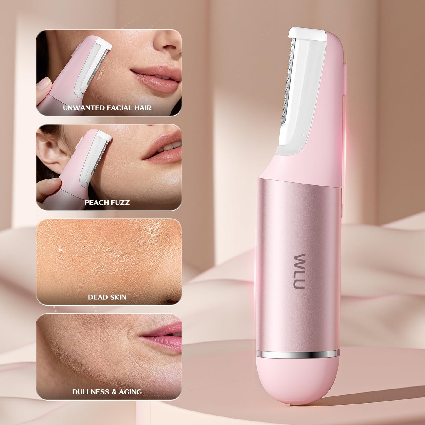 WLU Dermaplane Razor for Women Face with 10 Replaceable Blades, Dermaplaning Tool for Face to Remove Facial Hair & Peach Fuzz, Sonic Dermaplaning Tool for Women, Dermaplane Razor(Pink)