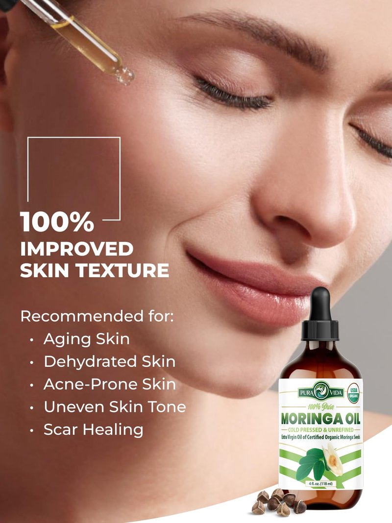 100% Pure Moringa Oil Organic for Face, Hair, Nails and Dry Skin - USDA Certified Single Origin Moringa Oleifera Seeds Extract - 3rd Party Tested, Cold Pressed & Unrefined Organic Moringa Seed Oil