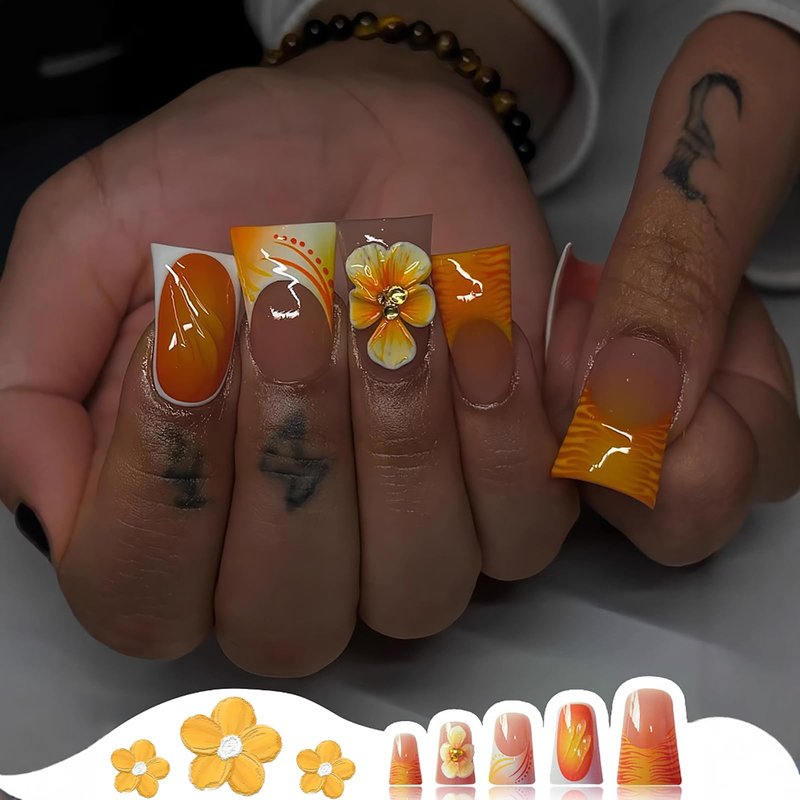 24 Pcs Handmade Press on Nails Duck Medium Fake Nails with 3D Flower Design French Tip False Nails Fall Duck Nails Press ons Artificial Full Cover Glue on Nail Holiday Stick on Nail for Women