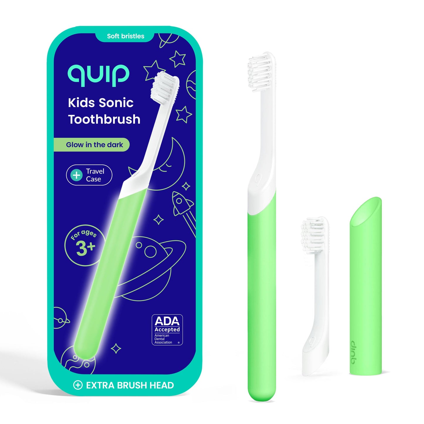 Quip Sonic Toothbrush for Kids with Timer - Includes Extra Brush Head and Travel Cover Mount - Electric, Soft Bristle Refill Head, Rubber Handle, 3 Month Battery Life - Glow in the Dark, Green