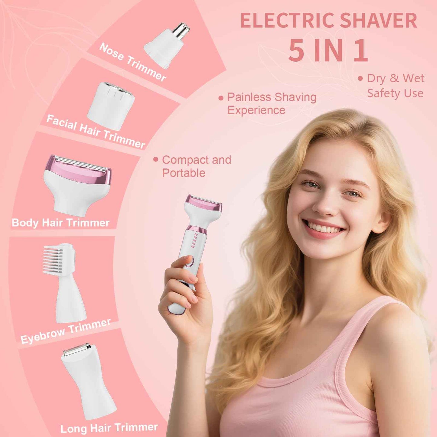 RUIM Electric Razor for Women, 5-in-1 Painless Wet & Dry Facial Hair Remover & Shaver for Face, Body, Bikini Line