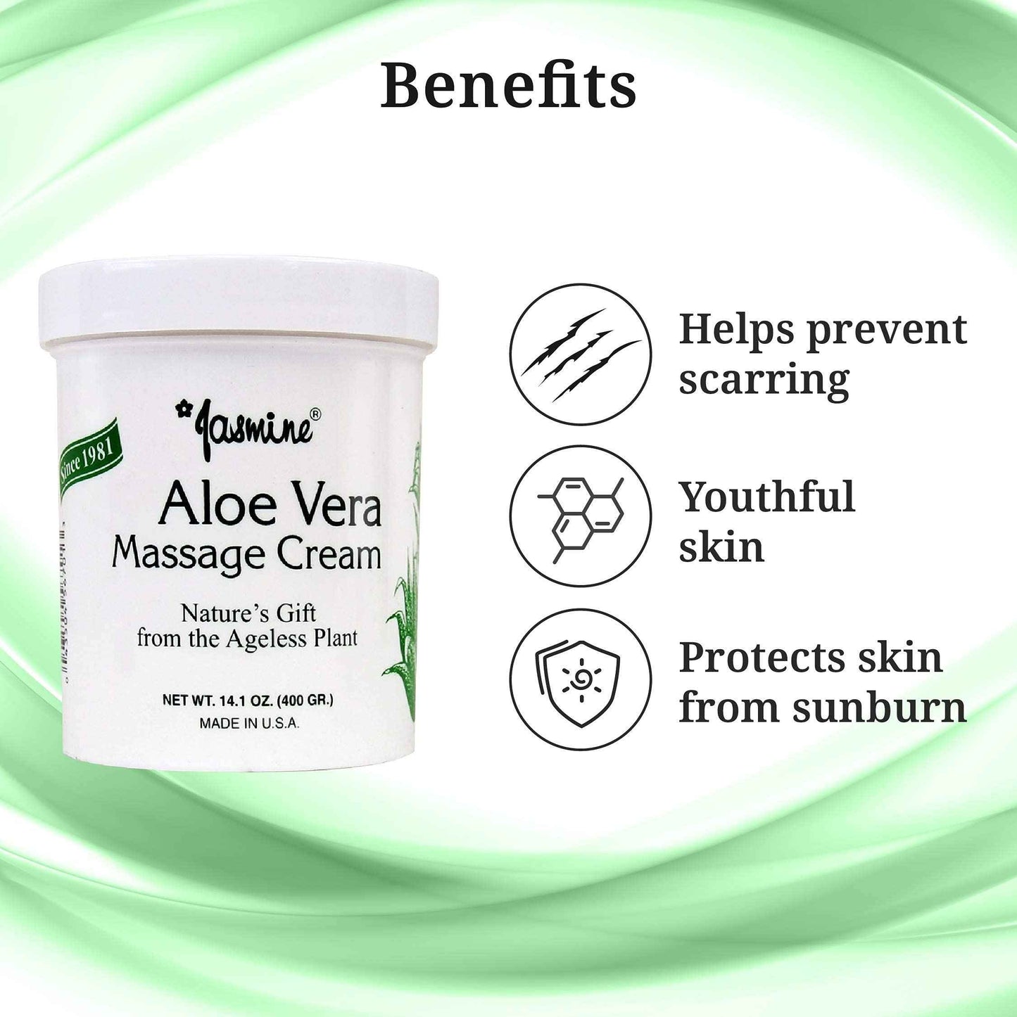 Jasmine Aloe Vera Massage Cream. Keep Your Face and Body Fresh and Soft with Anti-Aging Therapy Cream. Have Deeply Moisturized and Nutrition on Your Skin. Organic Aloe Vera Extract. [400 g / 14.1 Oz]