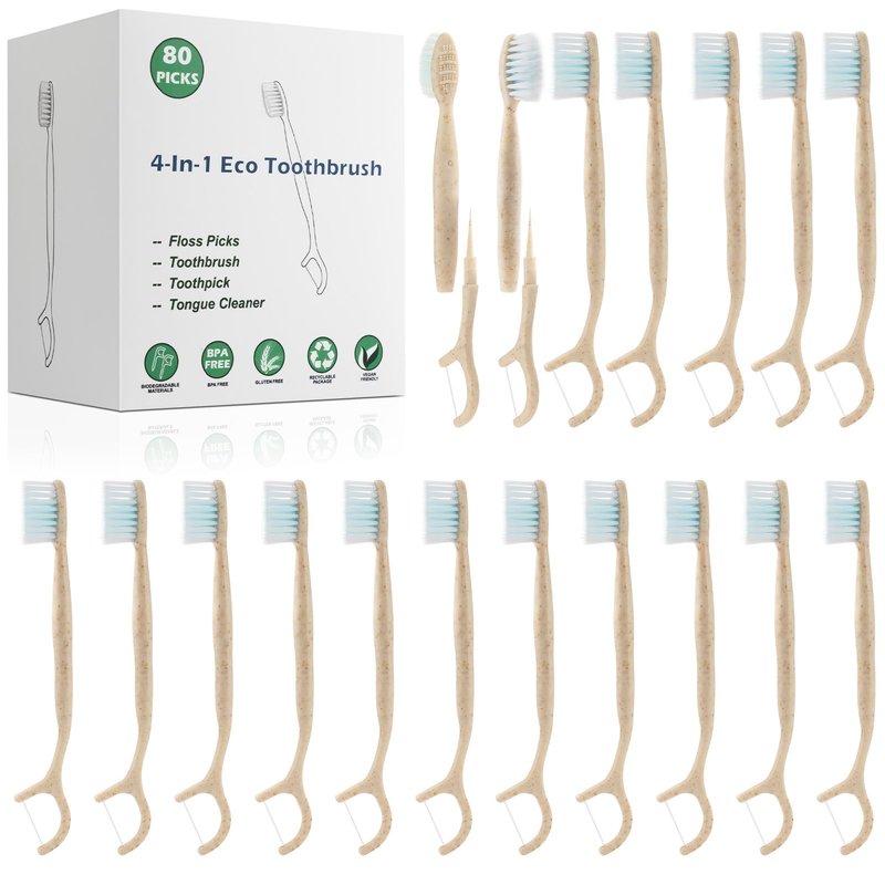 NUDUKO Travel Toothbrush Dental Floss Picks - 4 in 1 Biodegradable Disposable Toothbrushes with Tongue Scraper, Eco-Friendly Individually Wrapped Toothbrush for Adult Kids Travel Oral Care, 80 Pack