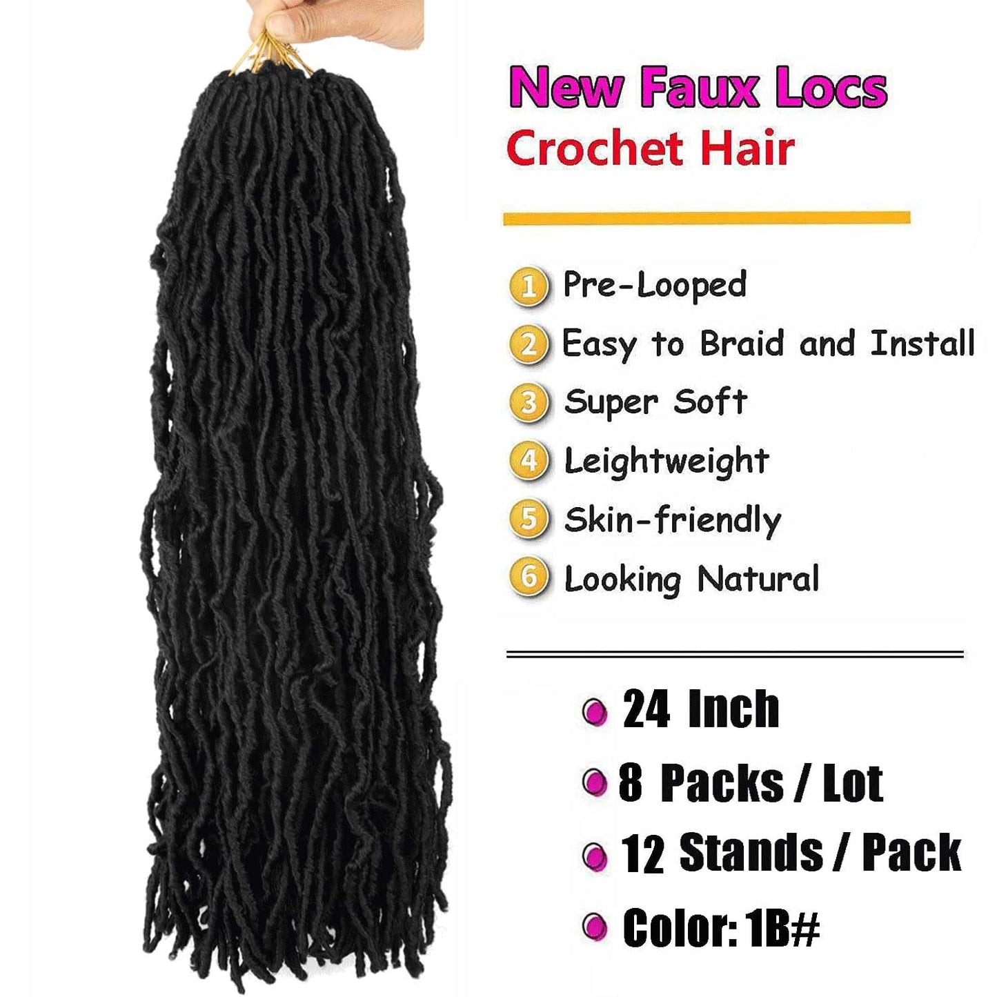 8 Packs Soft Locs Crochet Hair Pre Looped 24 Inch Faux Locs Crochet Braids for Butterfly Locs Synthetic Hair For Black Women (1B, 24 Inch (Pack of 8))