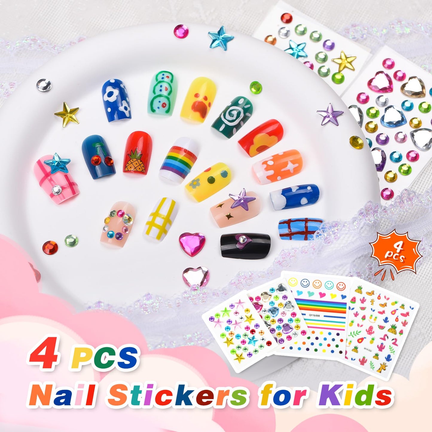 Quick Dry Kids Nail Polish Set for Girls, Non-Toxic Toddler Water-Based Nail Polish Kit with Gems Stickers 9 Colors Peelable Fingernail Set for Ages 3+