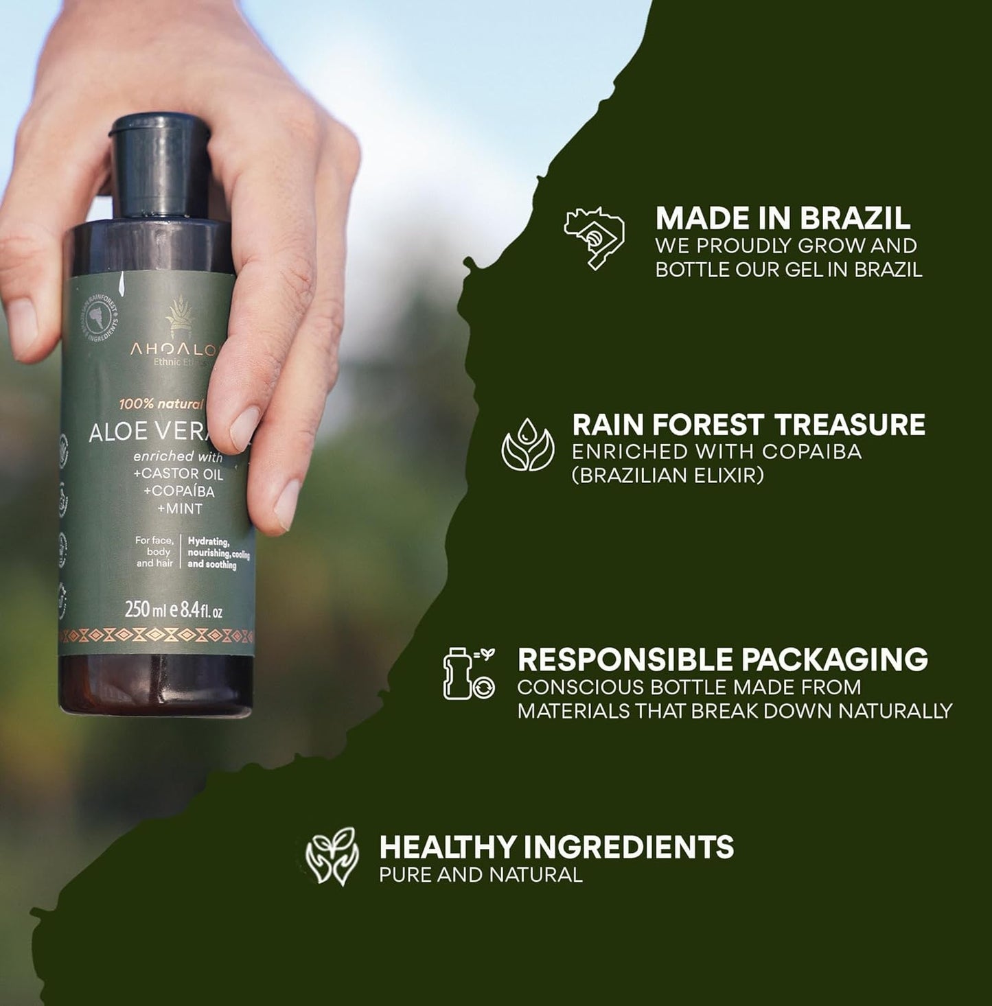 Brazilian Aloe Vera Gel - Moisturizing Natural Gel with Copaiba & Mint | 8.4oz for Face, Skin & Hair Care