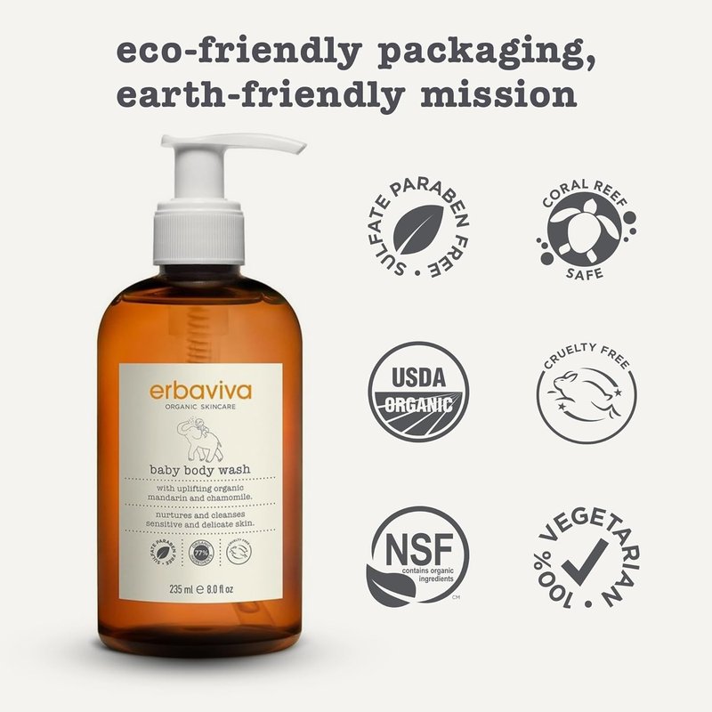 Erbaviva Baby Body Wash - Gentle Organic Formula for Sensitive Skin | 8 fl Oz