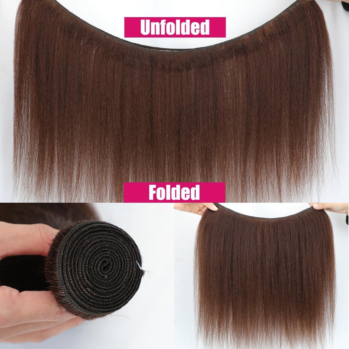 16 Inch Chocolate Brown Kinky Straight Bundles Human Hair 12A Grade 100% Unprocessed Brazilian Virgin Human Hair Weave Yaki Straight Bundles Brown