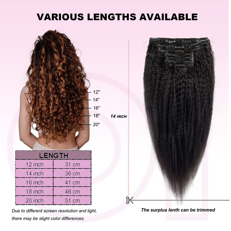 OiMiGO Real Hair Extensions, Natural Black Kinky Straight Clip in Extensions Brazilian Human Hair Clip ins Extension for Black Women 7 Pieces 14 Inch 120g