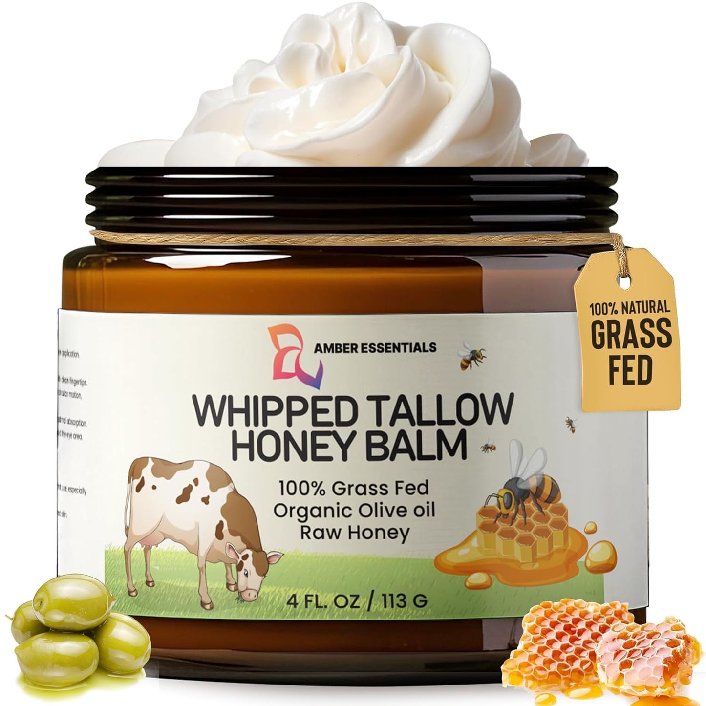AMBER ESSENTIALS Organic Grass-Fed Beef Tallow and Honey Balm | All-Natural Moisturizer with Raw Honey & Olive Oil | Face + Body Cream for Dry, Sensitive Skin, Anti-Aging, Cracks, Acne-Prone Skin 4oz