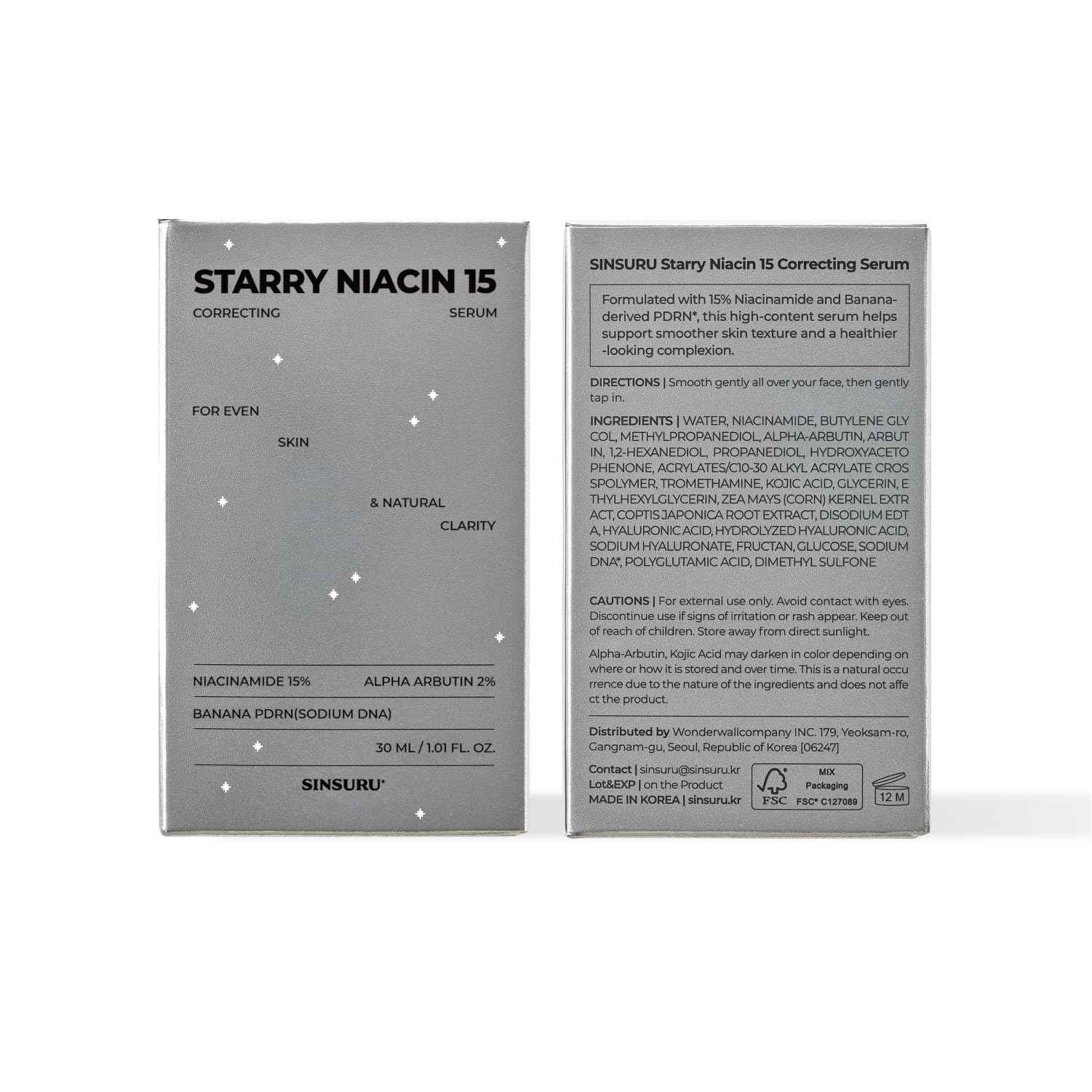 SINSURU 15% Niacinamide + Alpha Albutin + Banana PDRN Starry Niacin 15 Correcting Serum – Potent Brightening Serum for Uneven Tone & Dark Spots, Fragrance-Free | Korean Skincare (1.01 fl.oz / 30ml)