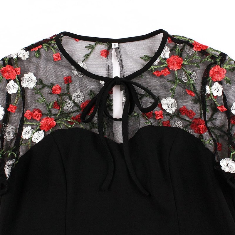 Women Keyhole Tie Neck Mesh Sleeve Vintage Cocktail Swing Dress Sweetheart Illusion Embroidery Flower 50s Pleated A-line Rockabilly Prom Dress Wedding Party 1950s Retro Casual Midi Dress Floral M