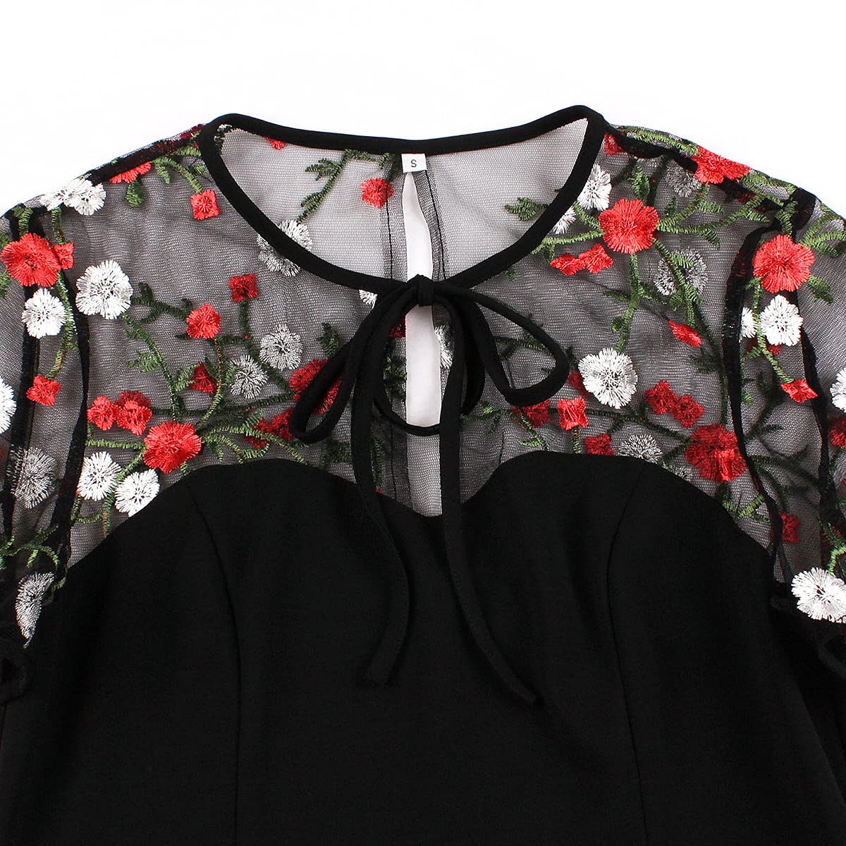 Women Keyhole Tie Neck Mesh Sleeve Vintage Cocktail Swing Dress Sweetheart Illusion Embroidery Flower 50s Pleated A-line Rockabilly Prom Dress Wedding Party 1950s Retro Casual Midi Dress Floral 4XL