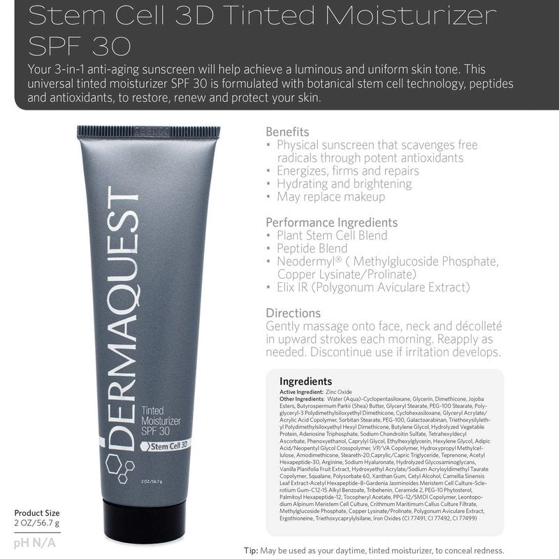 DermaQuest Stem Cell 3D Anti-aging Tinted Moisturizer SPF 30 - Facial Moisturizer Sunscreen with Botanical Stem Cells, Peptides and Antioxidants - Broad Spectrum Protection (2oz)