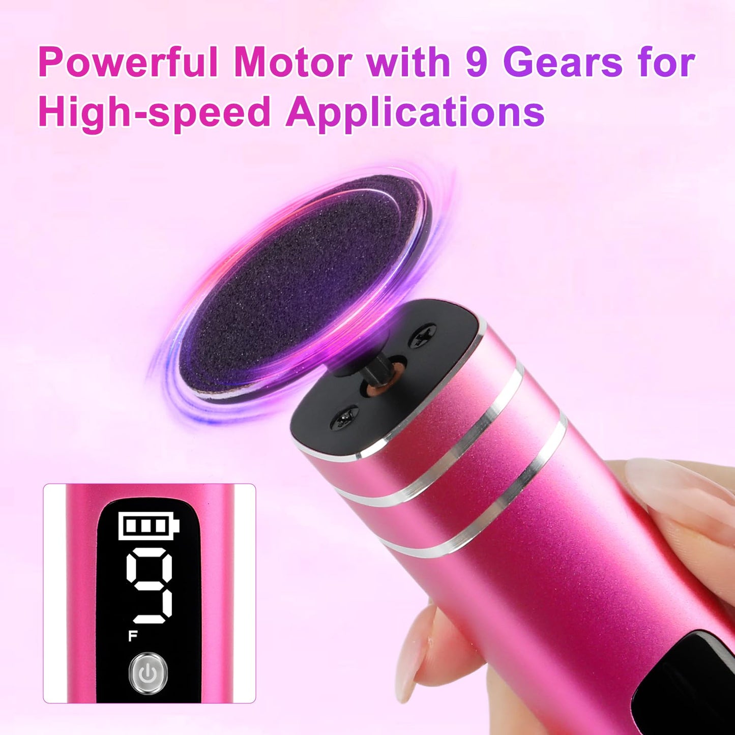 Electric Foot File, 2 in 1 Electric Foot Callus Remover, Adjustable 9 Speed Rechargeable Pedicure Foot Filer with LED Display, Replaceable Sandpaper Discs & Nail Bands (Rose Gold)
