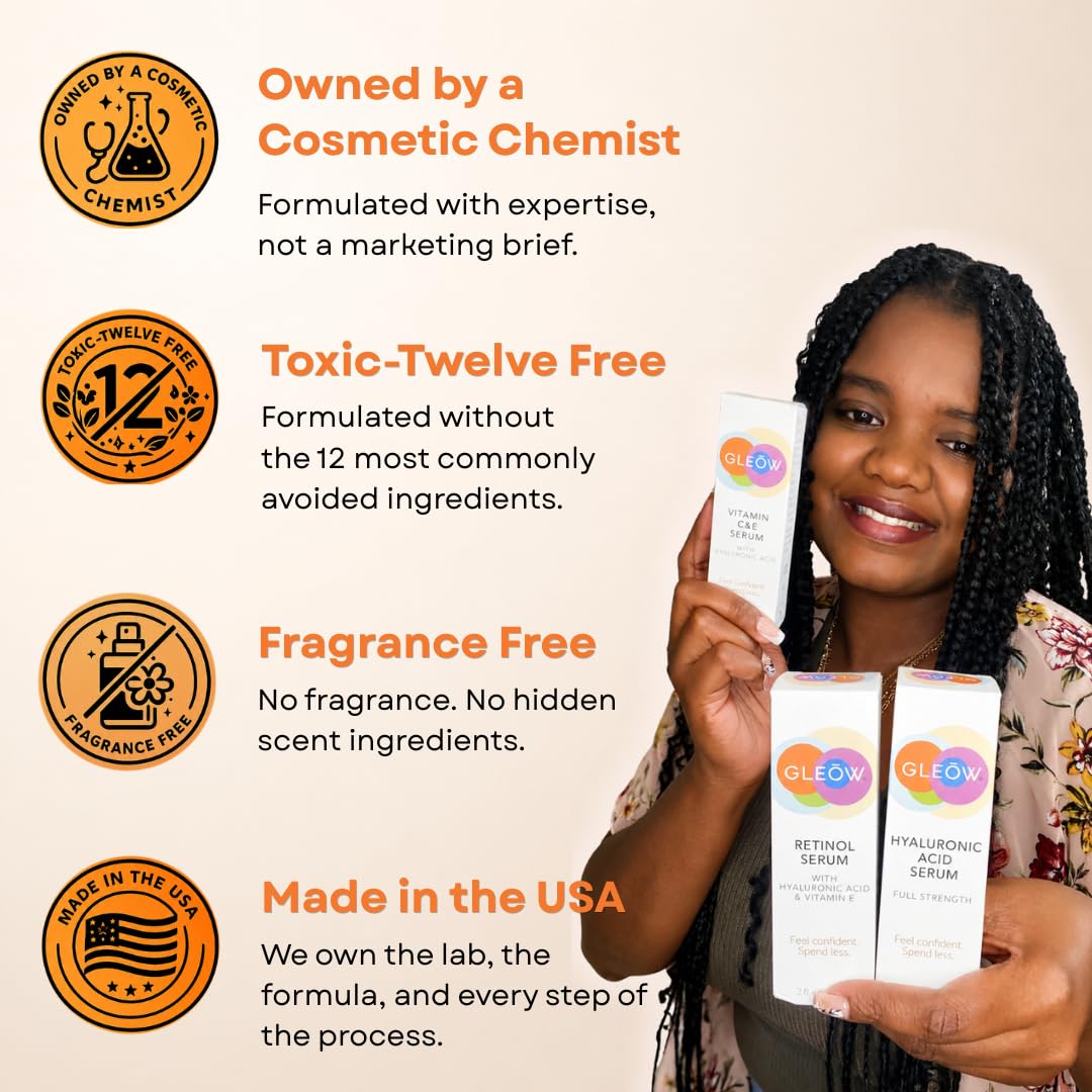 GLEOW Skincare Set: Retinol, Vitamin C, and 99% Hyaluronic Acid Serum, Face Serum Set Targets Appearance of Uneven Skin and Dryness, Total Package Serum Set 3x2 oz