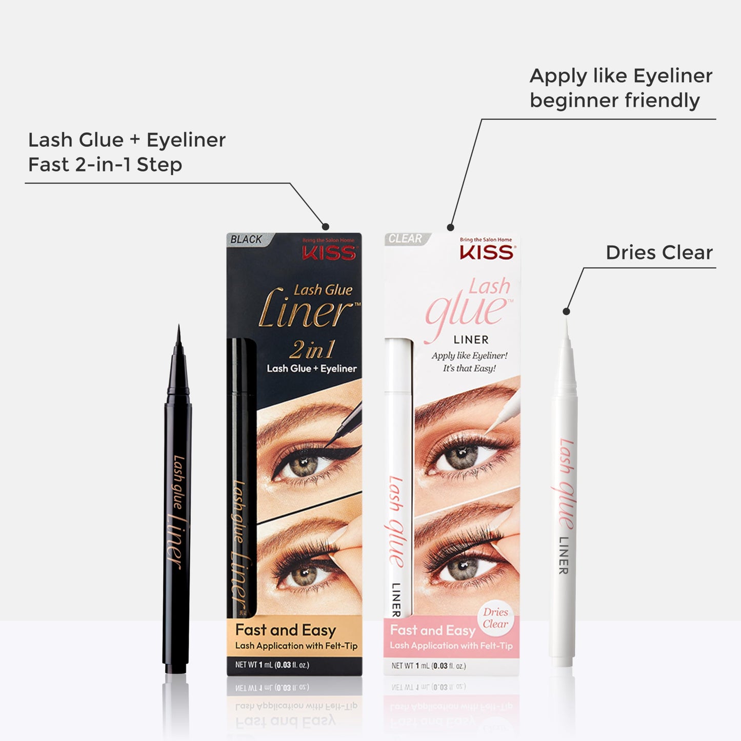 KISS Lash GLUEliner, Matte Finish, Foolproof Easy Touch-Up False Eyelash Glue and Eyeliner, Two in One Liner and Lash Glue, Black, 0.7 mL, 0.02 fl. oz. (Pack of 2)