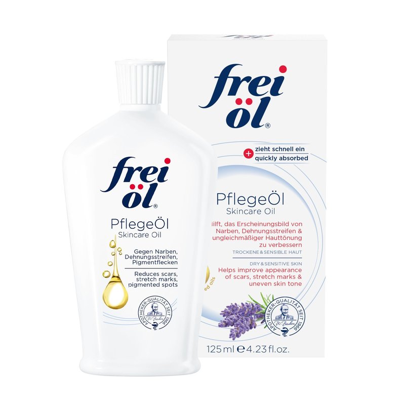 frei öl skincare oil – fast absorbing, nourishes skin soft and smooths – excellent as body oil for stretch marks removal and vitamin e oil for scars, microbiome-friendly and vegan, 125 ml / 4.23 Fl Oz
