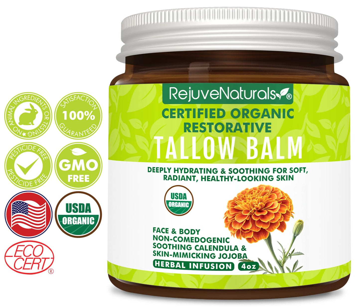RejuveNaturals USDA Certified Organic Beef Tallow Balm, Large 4oz Glass Jar – Grass Fed & Finished Tallow with Beeswax & Jojoba Oil – Solid, Non-Comedogenic (Herbal Infusion (Unscented))