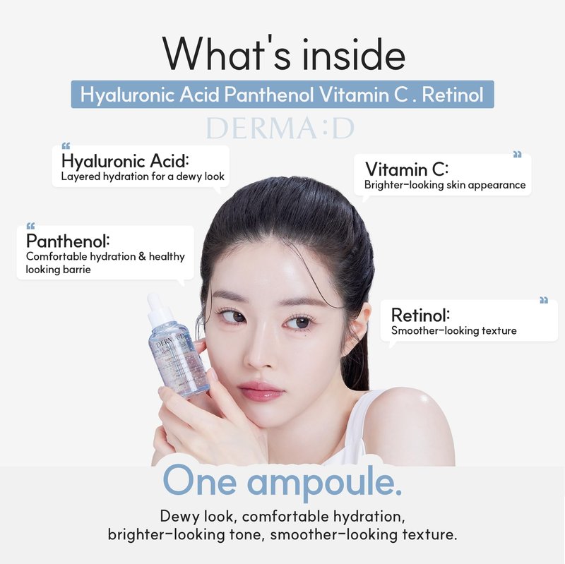DERMA:D Lightweight Hydrating Serum for Sensitive Skin, Korean Hyaluronic Acid Ampoule with Panthenol & Retinol, Non Sticky Water Based Moisture Care, 1.69 fl oz